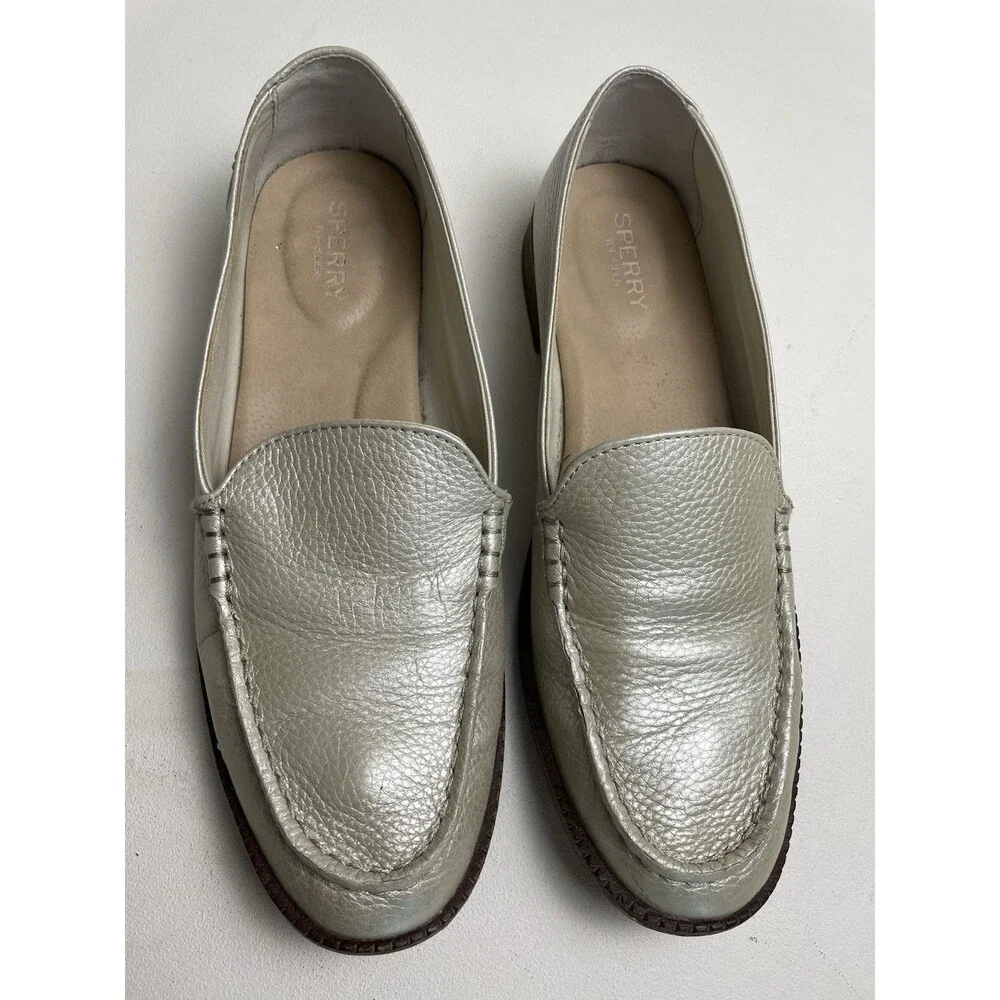 Sperry Topsider Sz 9 Metallic Silver Leather Smooth Top Slip-On Boat Shoe Loafer